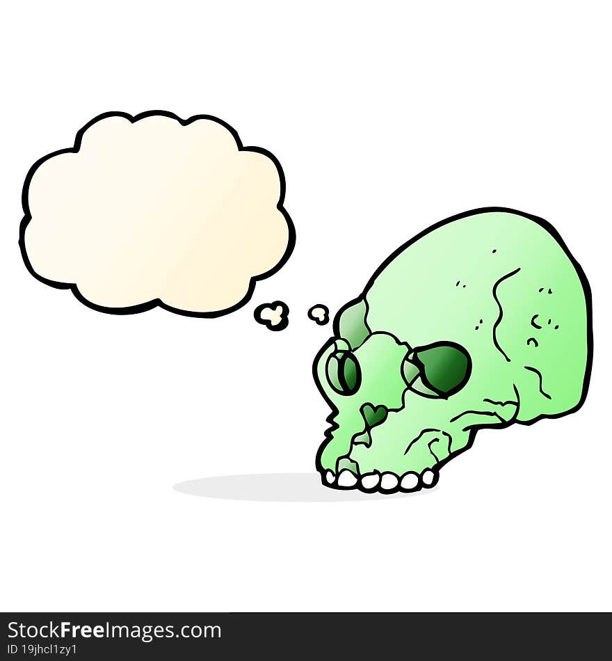 cartoon spooky skull with thought bubble