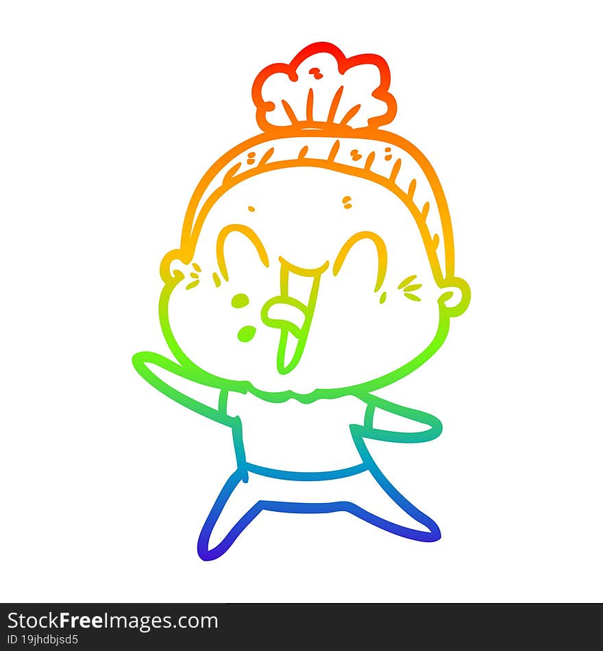 rainbow gradient line drawing of a cartoon happy old woman