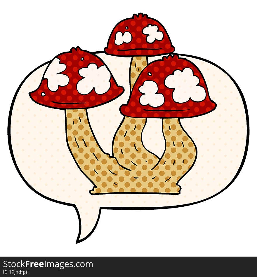 Cartoon Mushrooms And Speech Bubble In Comic Book Style