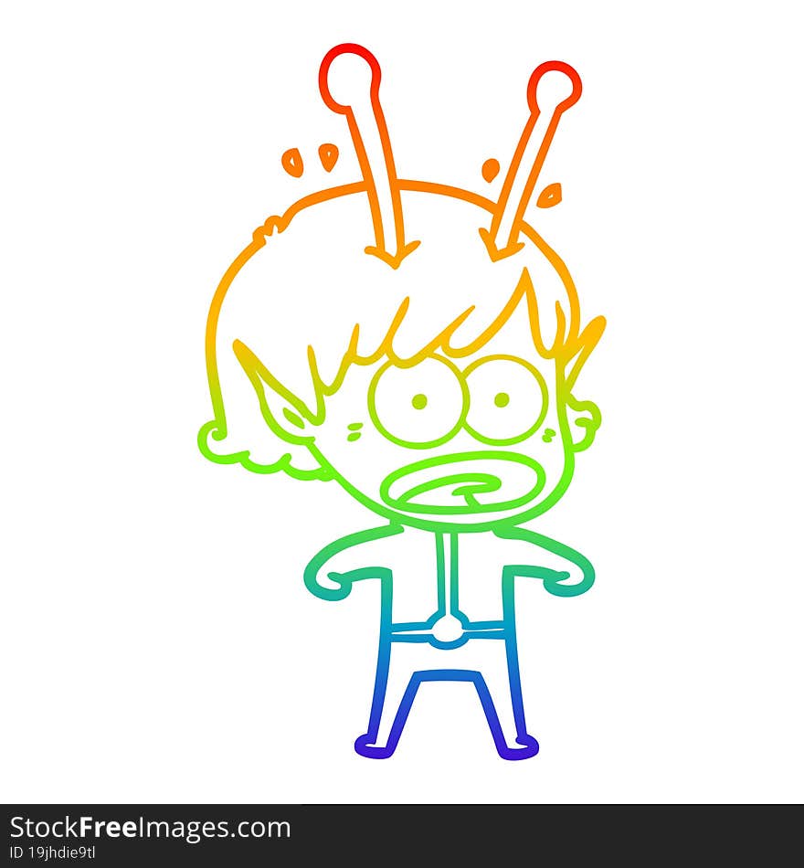 rainbow gradient line drawing of a cartoon shocked alien girl