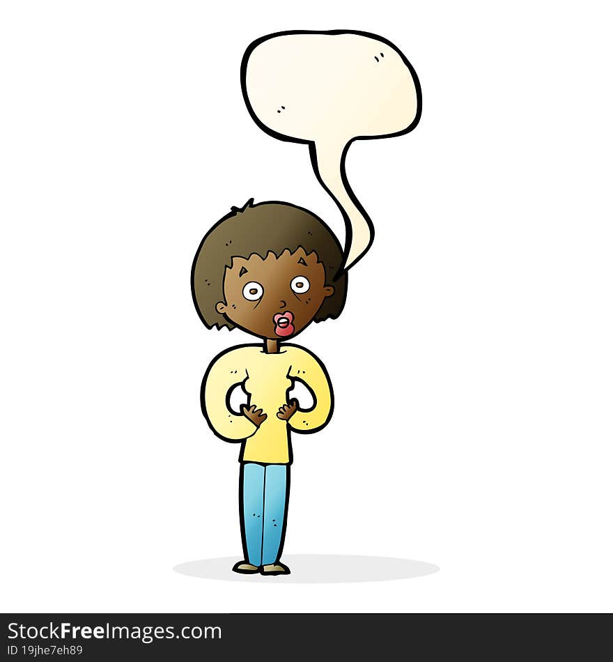 cartoon woman gesturing at self with speech bubble