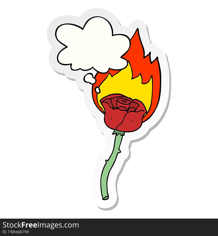 cartoon flaming rose and thought bubble as a printed sticker