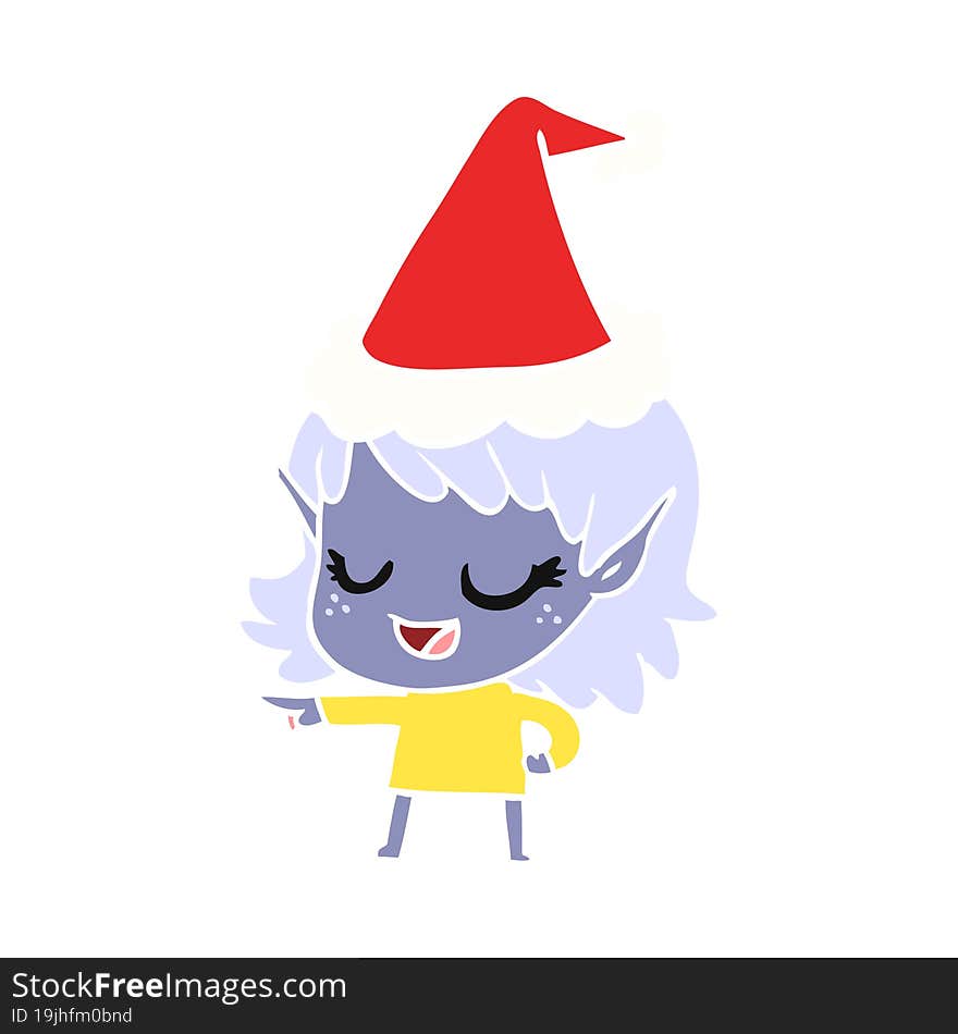 happy flat color illustration of a elf girl pointing wearing santa hat