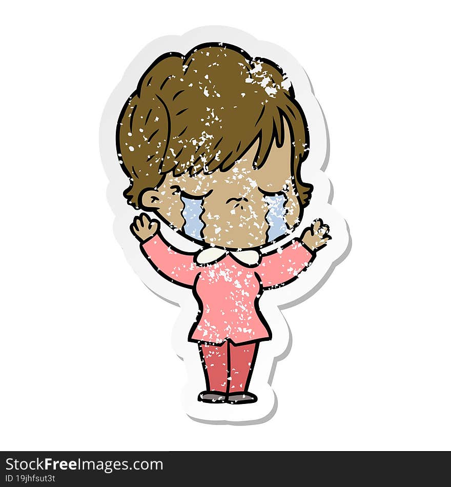 distressed sticker of a cartoon woman crying