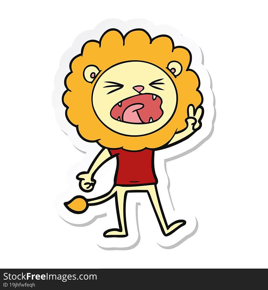 sticker of a cartoon lion giving peac sign