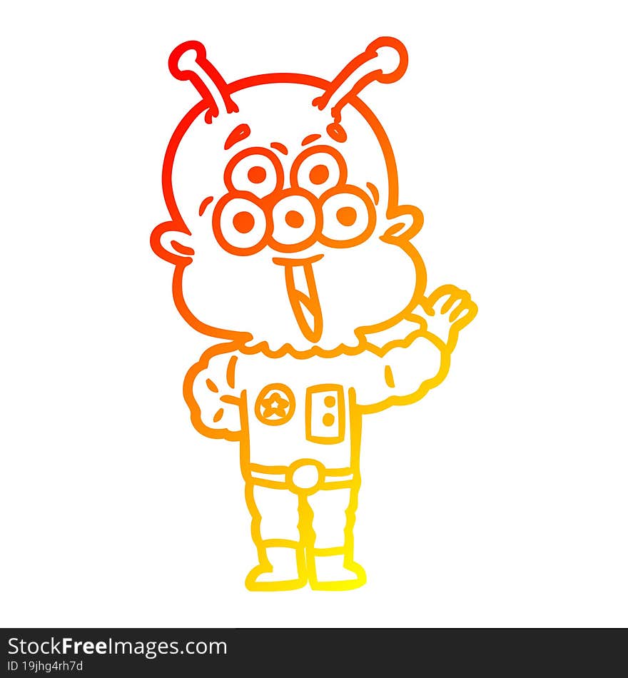 warm gradient line drawing happy cartoon alien waving