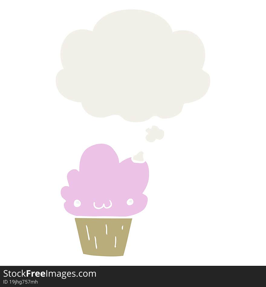 Cartoon Cupcake With Face And Thought Bubble In Retro Style