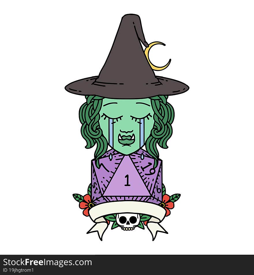 crying half orc witch character with natural one roll illustration