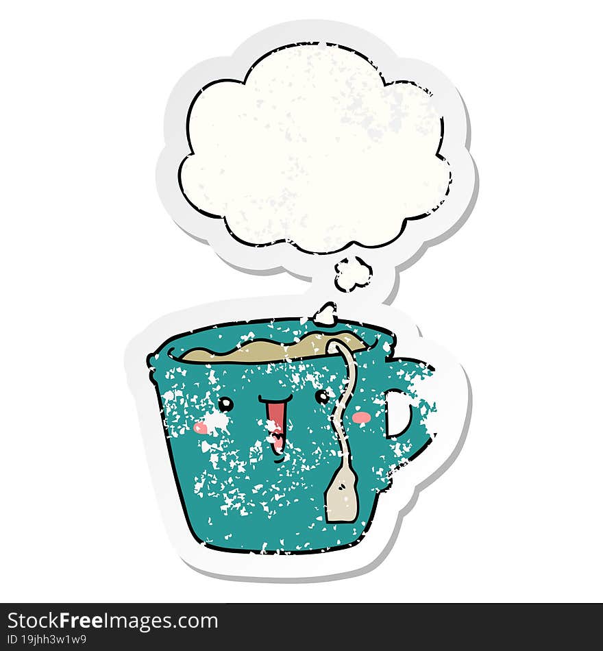 cute cartoon coffee cup and thought bubble as a distressed worn sticker