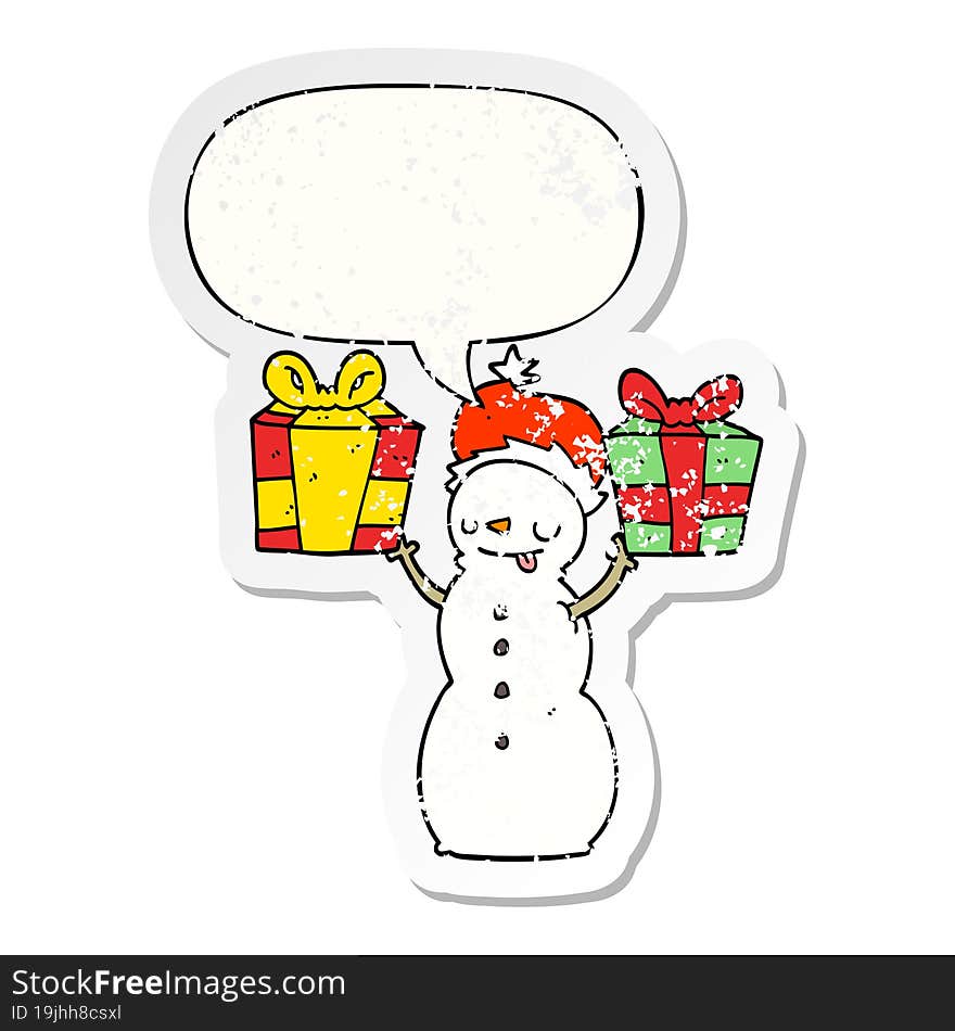 cartoon snowman with present with speech bubble distressed distressed old sticker. cartoon snowman with present with speech bubble distressed distressed old sticker