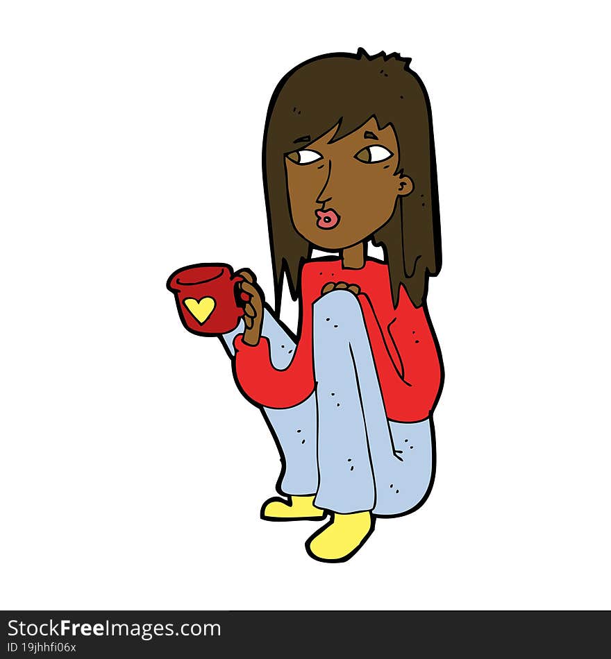 cartoon woman sitting with cup of coffee