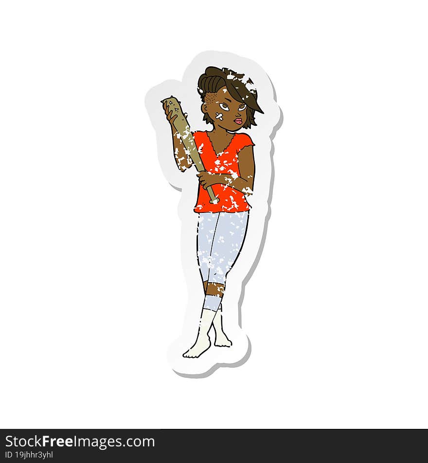 retro distressed sticker of a cartoon pretty punk girl with baseball bat