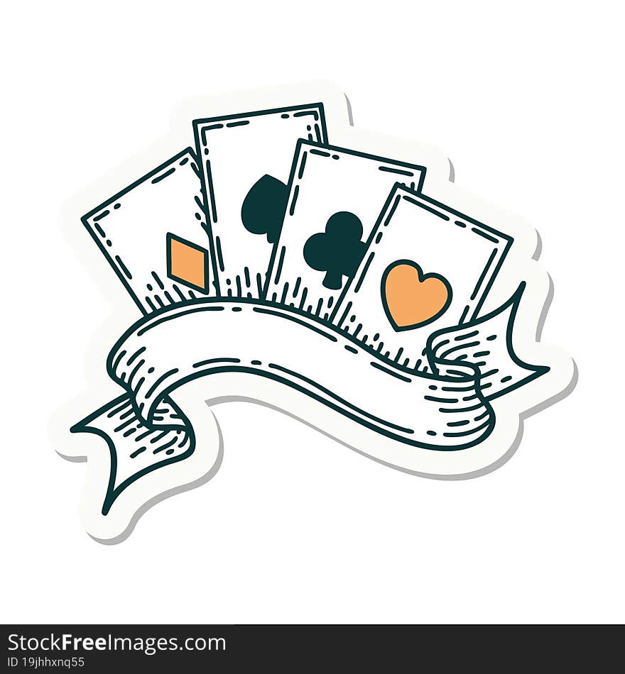 tattoo style sticker of cards and banner