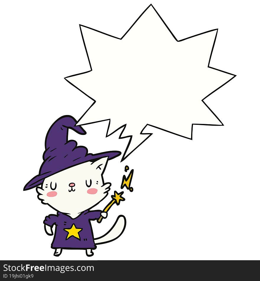 magical amazing cartoon cat wizard with speech bubble