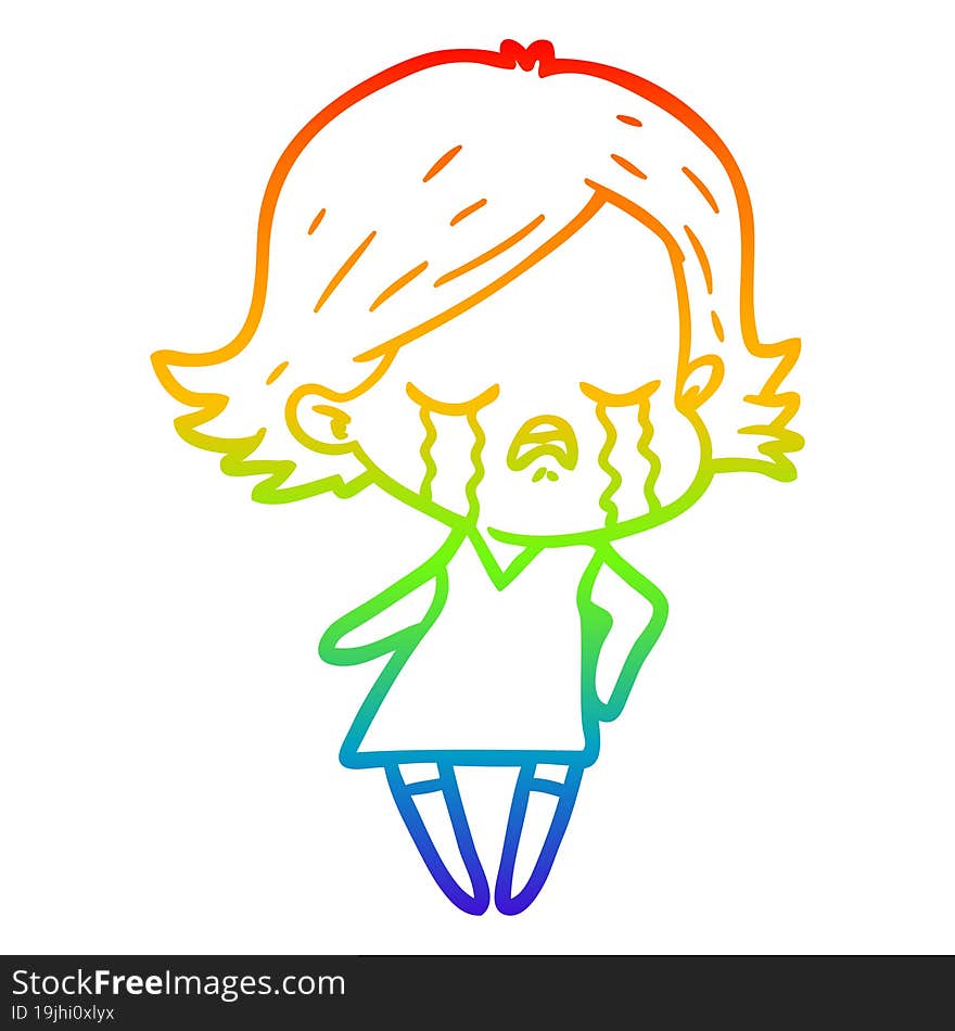 rainbow gradient line drawing of a cartoon girl crying