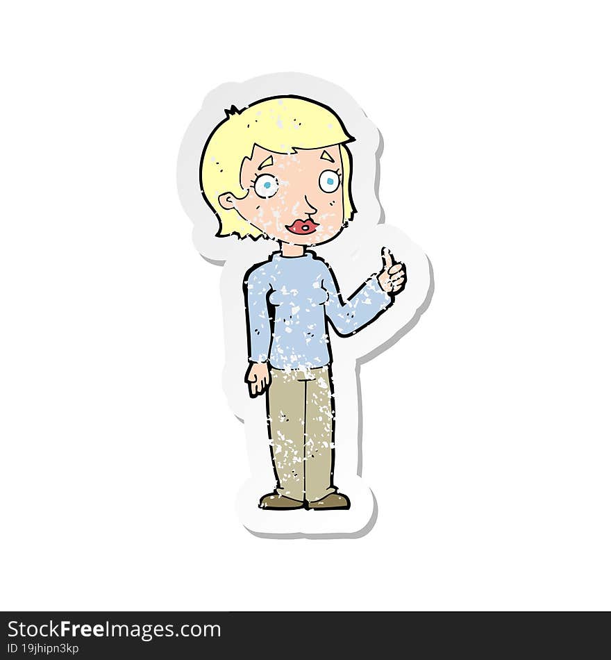 Retro Distressed Sticker Of A Cartoon Woman Giving Thumbs Up Symbol