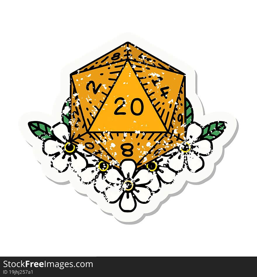 natural 20 D20 dice roll with floral elements grunge sticker