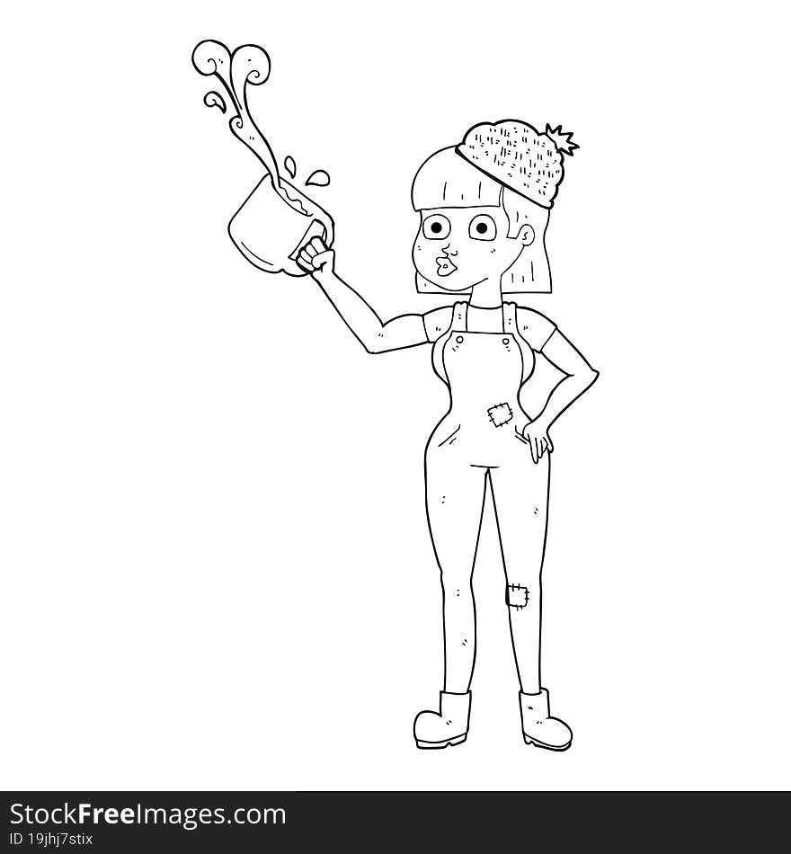 black and white cartoon female worker with coffee mug