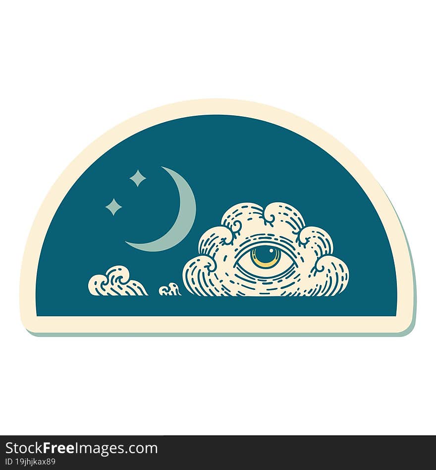 Tattoo Style Sticker Of A Moon Stars And Cloud