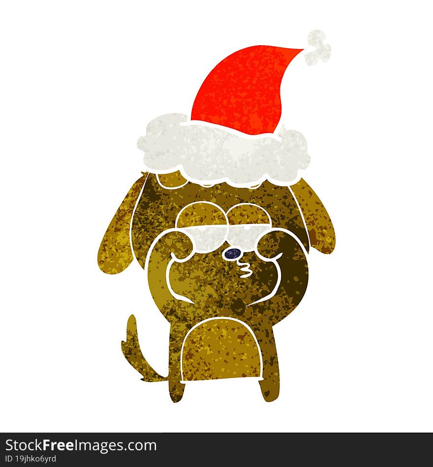 retro cartoon of a tired dog wearing santa hat