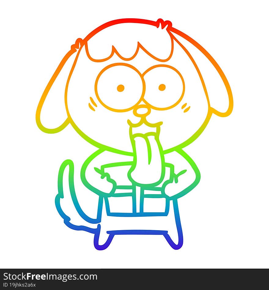 rainbow gradient line drawing cute cartoon dog with christmas present