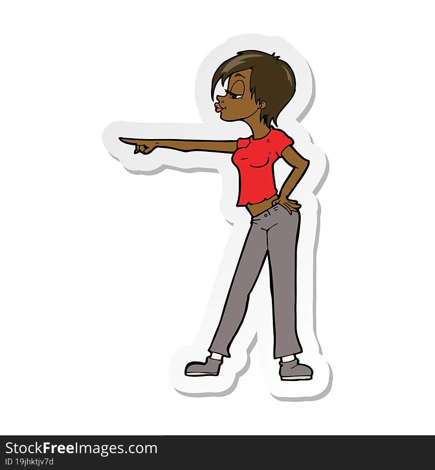 sticker of a cartoon hip woman pointing