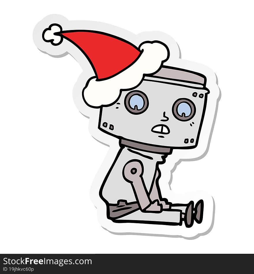 sticker cartoon of a robot wearing santa hat