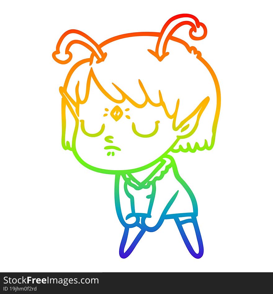 rainbow gradient line drawing of a cartoon alien girl