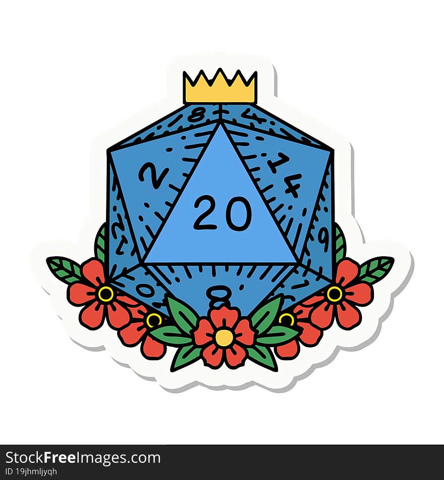 Natural 20 D20 Dice Roll With Floral Elements Sticker