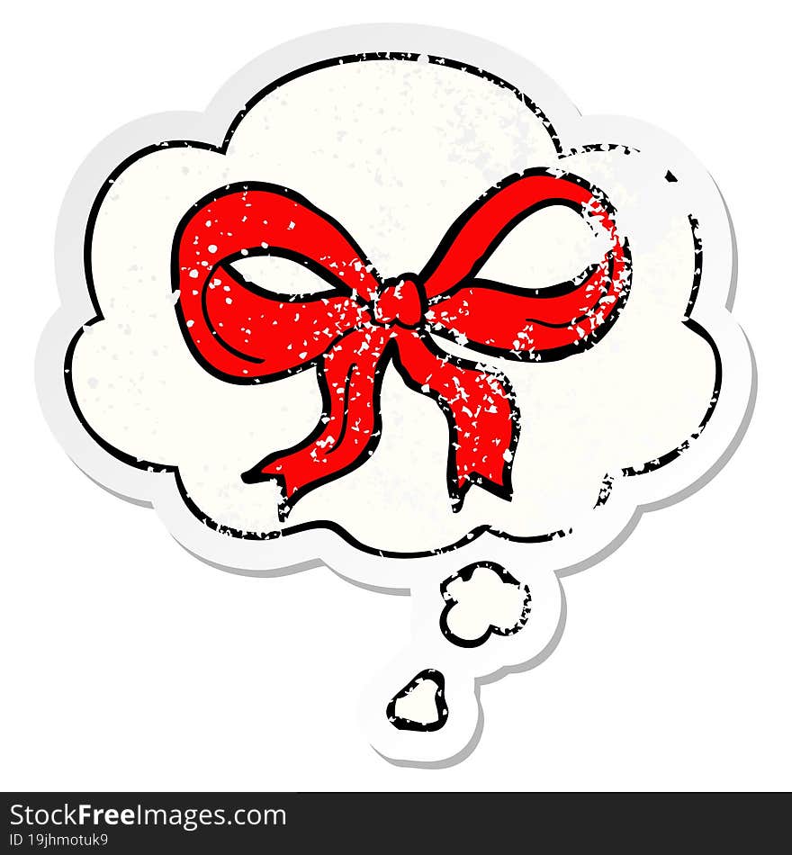 cartoon decorative bow and thought bubble as a distressed worn sticker