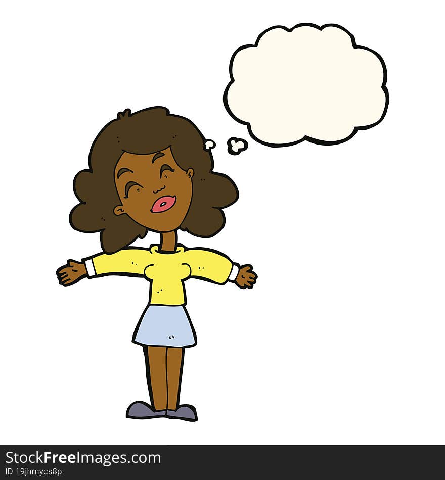 cartoon woman with open arms with thought bubble