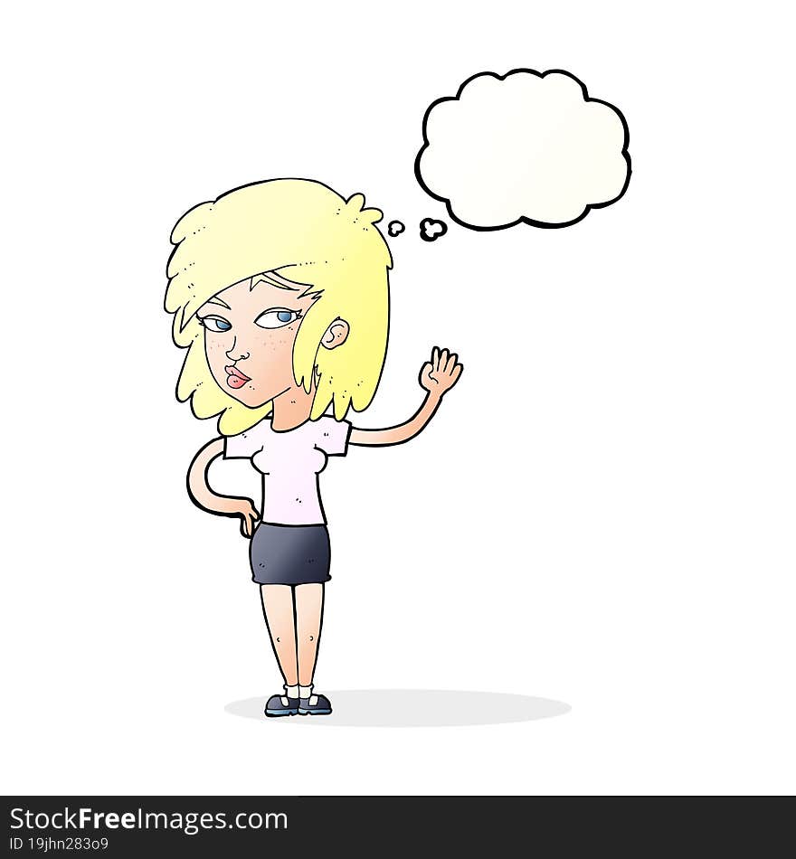 cartoon pretty woman waving with thought bubble