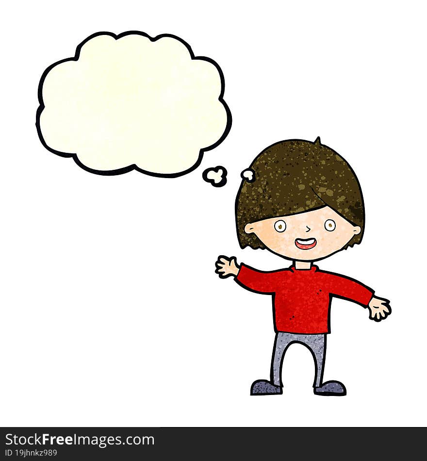 cartoon waving boy with thought bubble