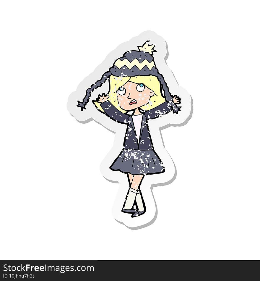 Retro Distressed Sticker Of A Cartoon Woman Wearing Winter Hat