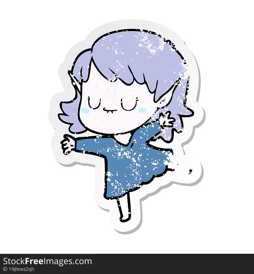 distressed sticker of a happy cartoon elf girl wearing dress