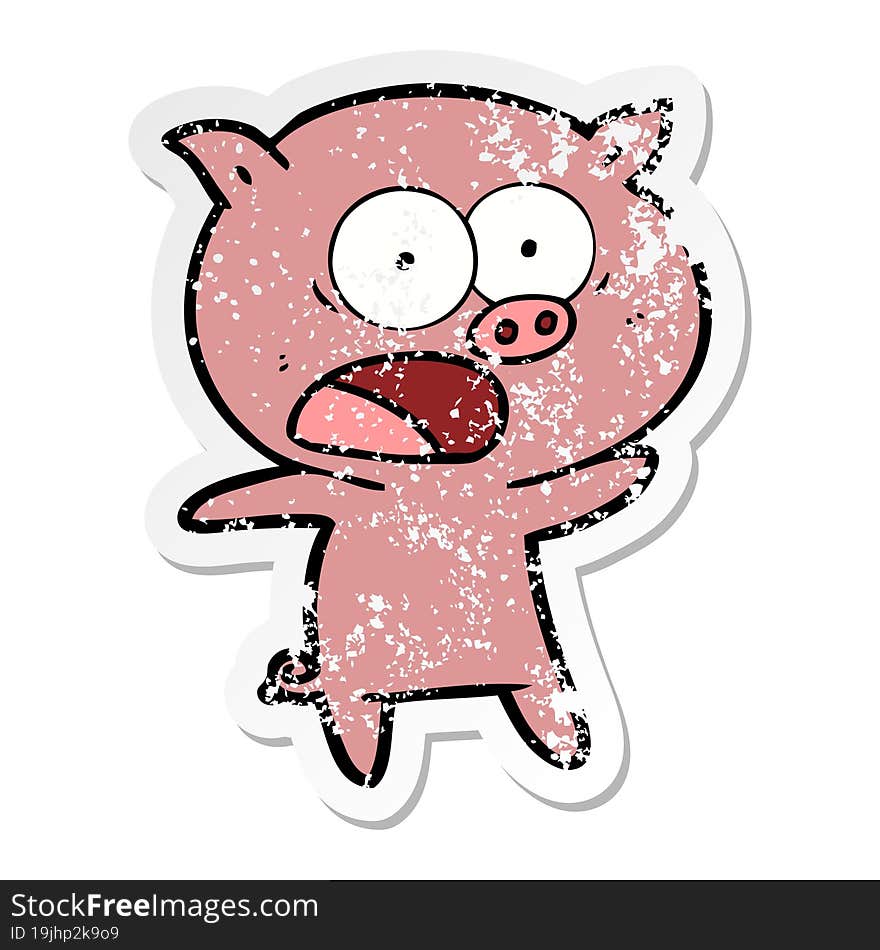 distressed sticker of a cartoon pig shouting