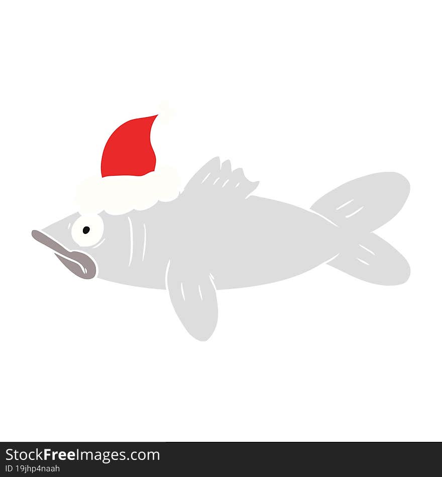 flat color illustration of a fish wearing santa hat