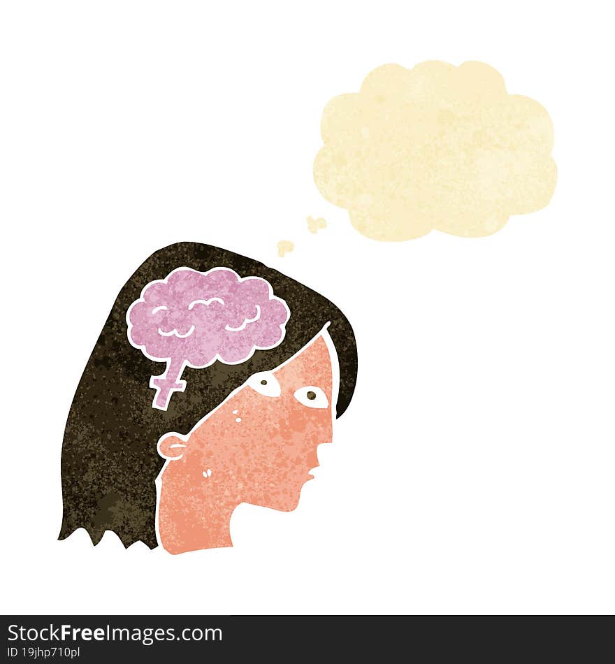 cartoon female head with brain symbol with thought bubble