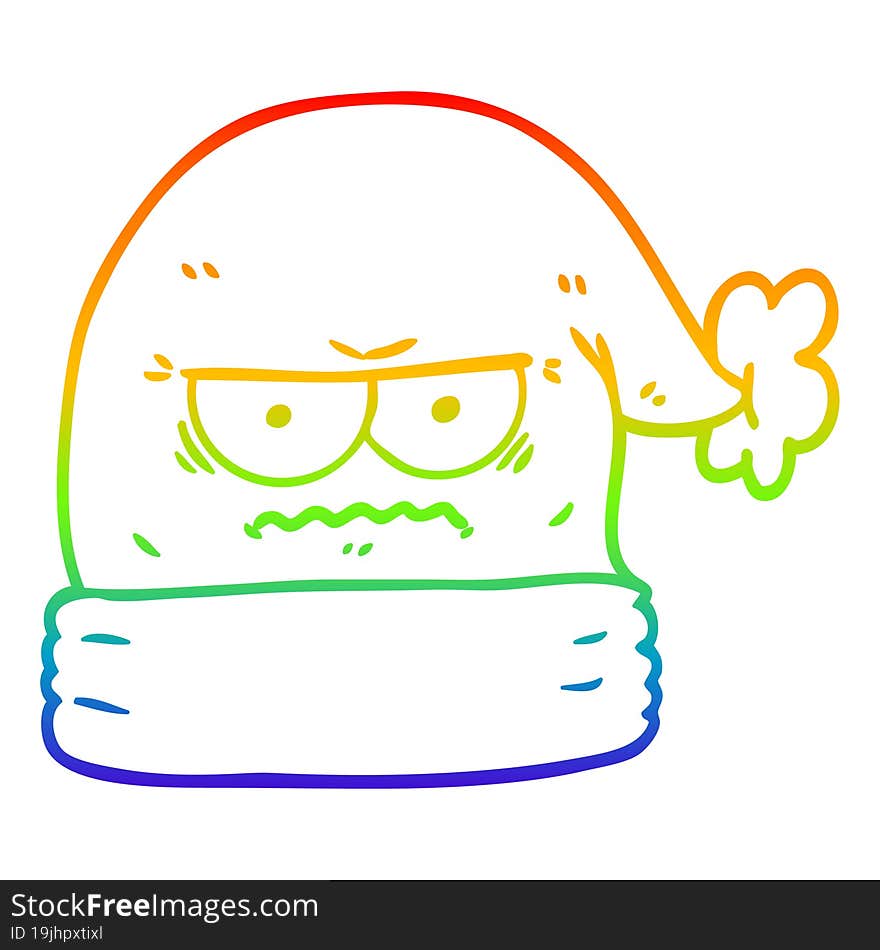 rainbow gradient line drawing of a cartoon annoyed christmas santa hat