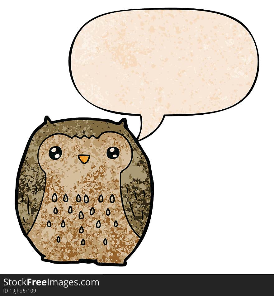 cute cartoon owl and speech bubble in retro texture style