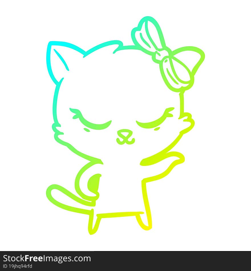 cold gradient line drawing cute cartoon cat with bow