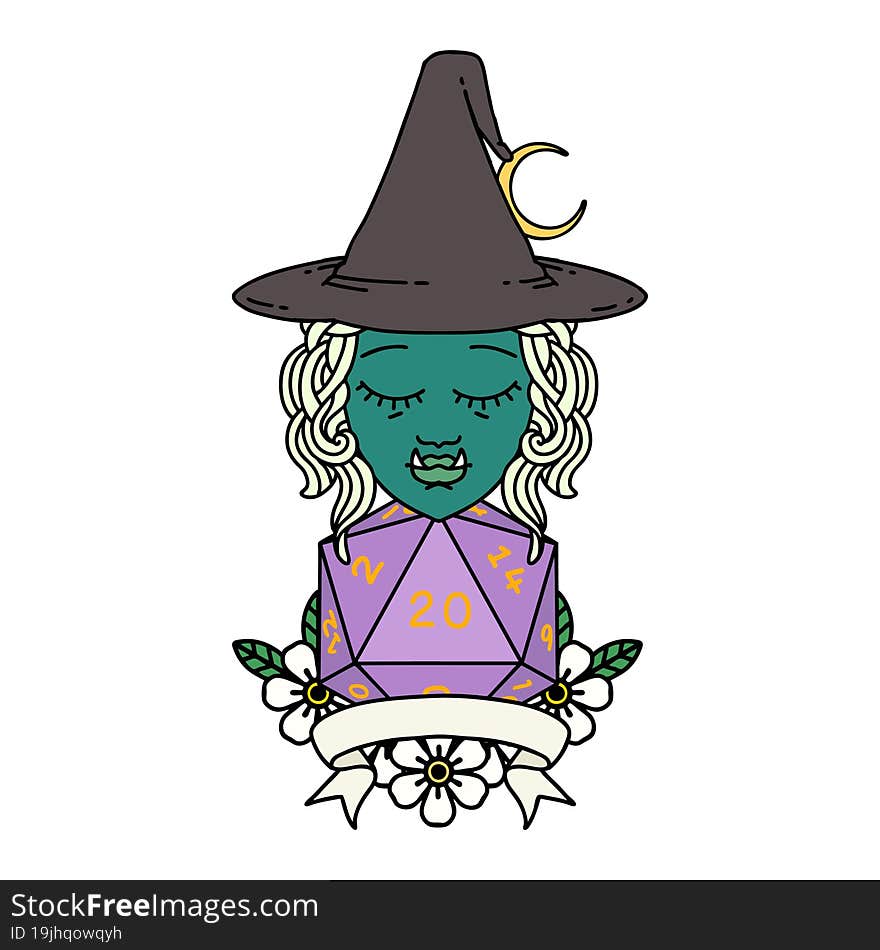 half orc witch character with natural 20 dice roll illustration