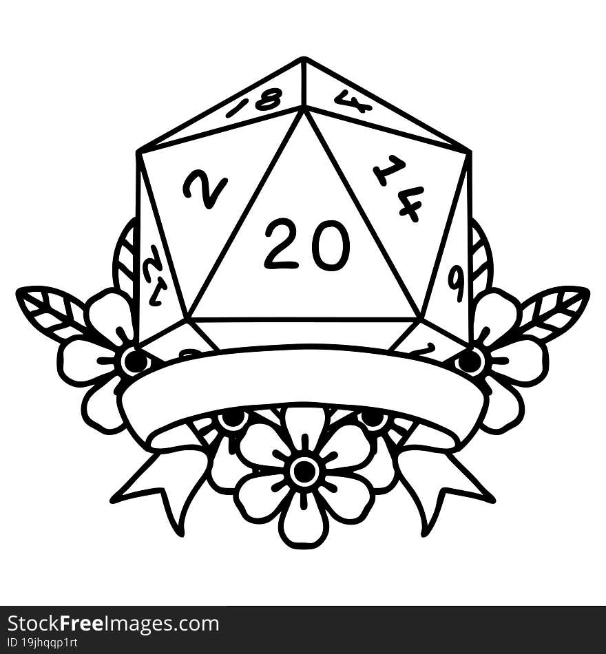 Black and White Tattoo linework Style natural 20 critical hit D20 dice roll. Black and White Tattoo linework Style natural 20 critical hit D20 dice roll