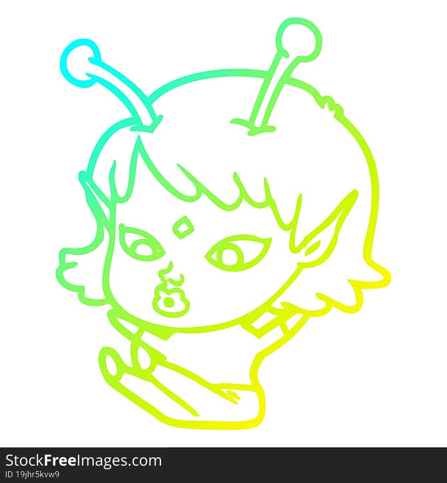 cold gradient line drawing pretty cartoon alien girl sitting