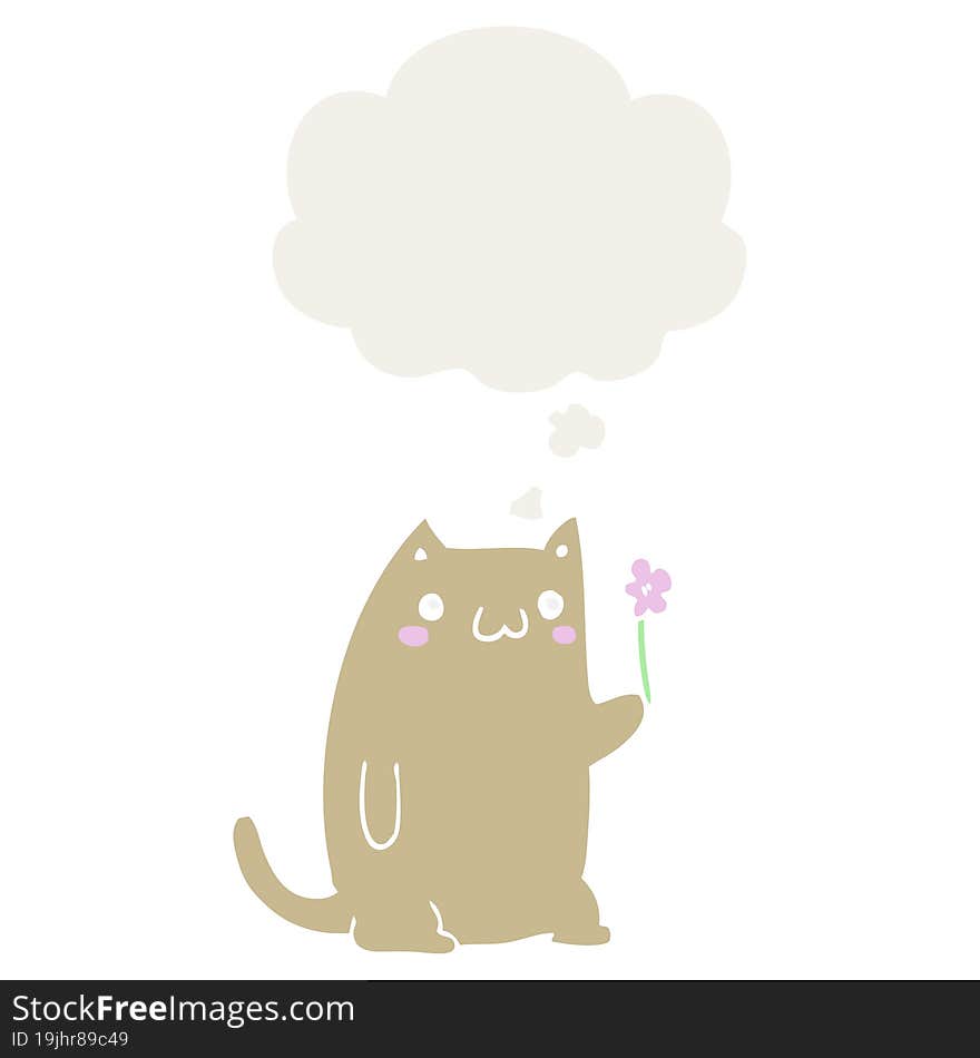 cute cartoon cat with flower with thought bubble in retro style