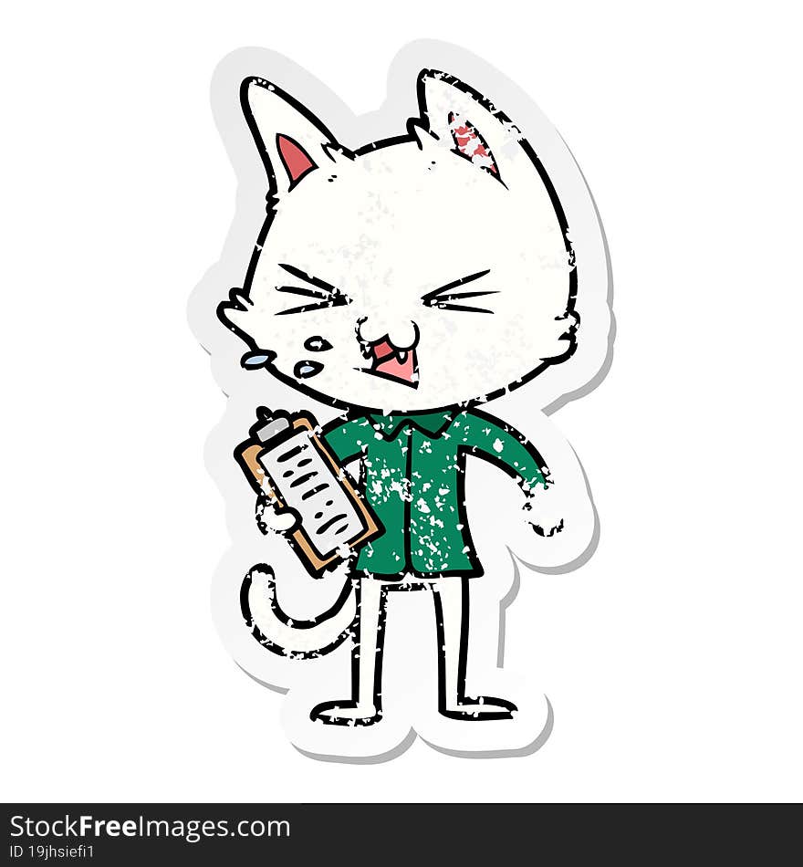 distressed sticker of a cartoon salesman cat hissing