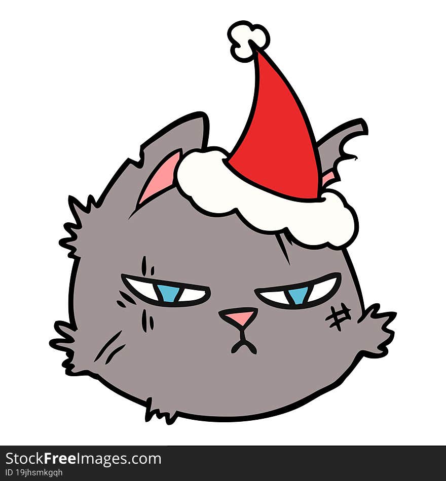 line drawing of a tough cat face wearing santa hat