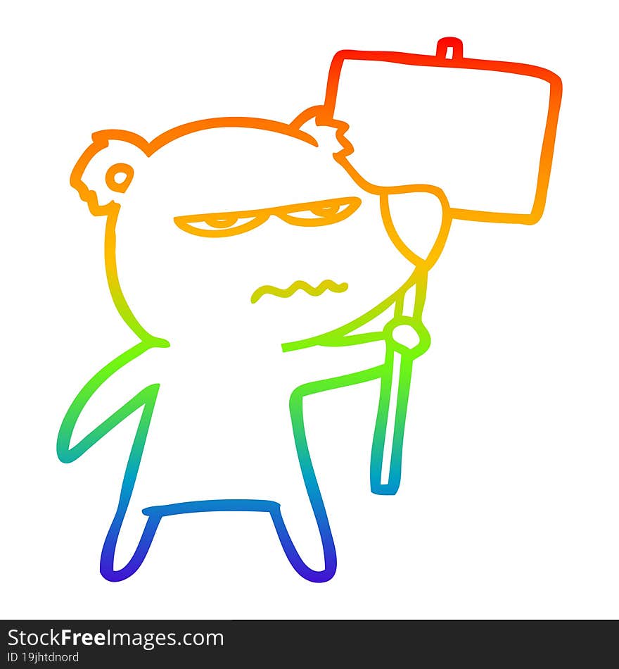 rainbow gradient line drawing angry bear cartoon holding placard