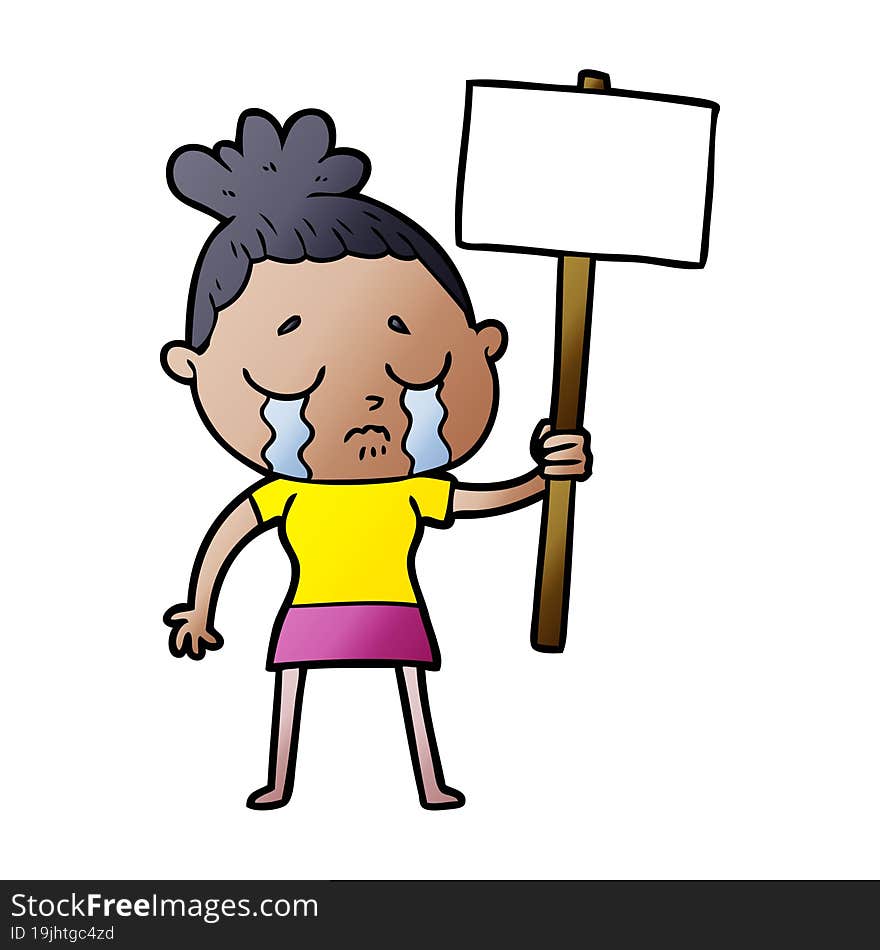 cartoon crying woman with protest sign. cartoon crying woman with protest sign