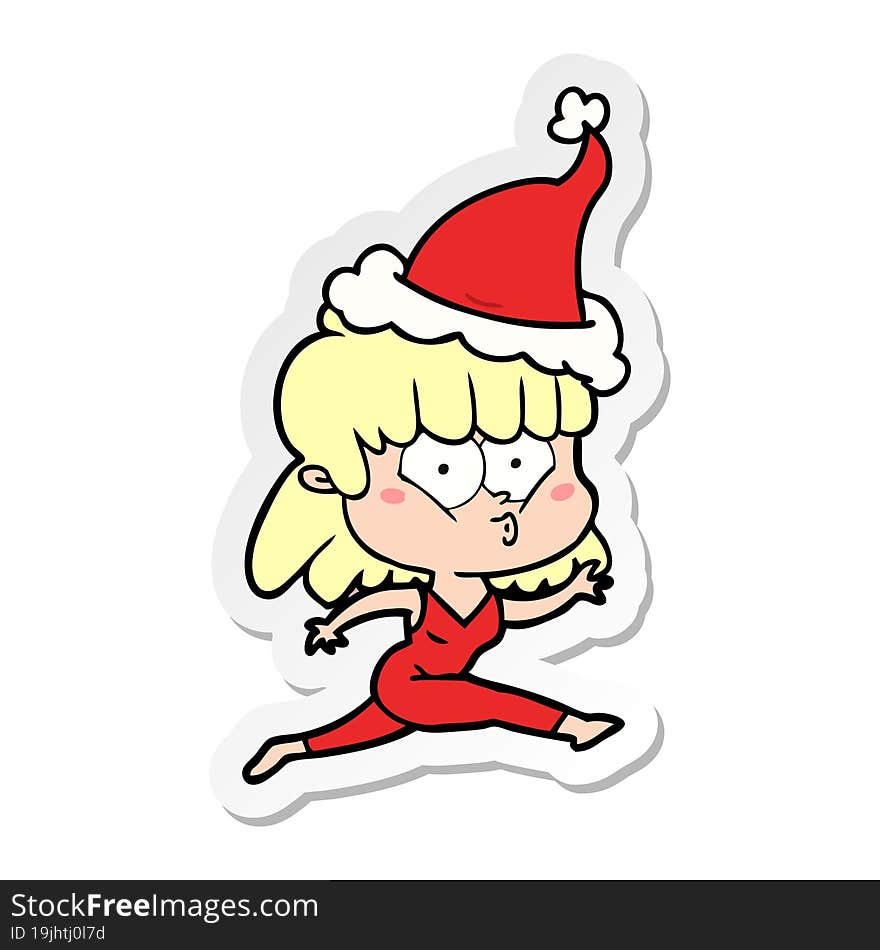 Sticker Cartoon Of A Woman Running Wearing Santa Hat